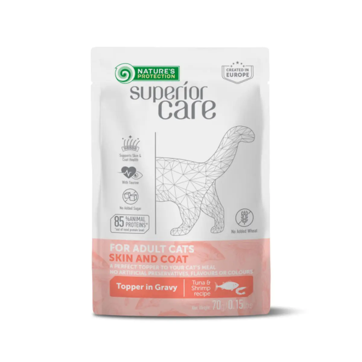 NATURES PROTECTION Superior Care Skin & Coat, Ton si Creveti, plic hrana umeda pisici, piele & blana, (topping), 70g