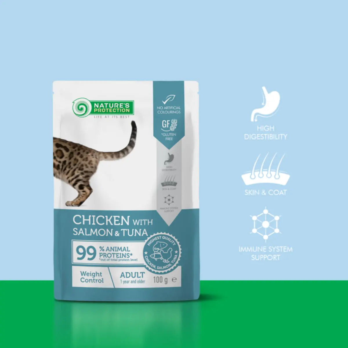 NATURES PROTECTION Weight Control, Pui si Somon, plic hrana umeda pisici, obezitate, (in sos), 100g - Image 3