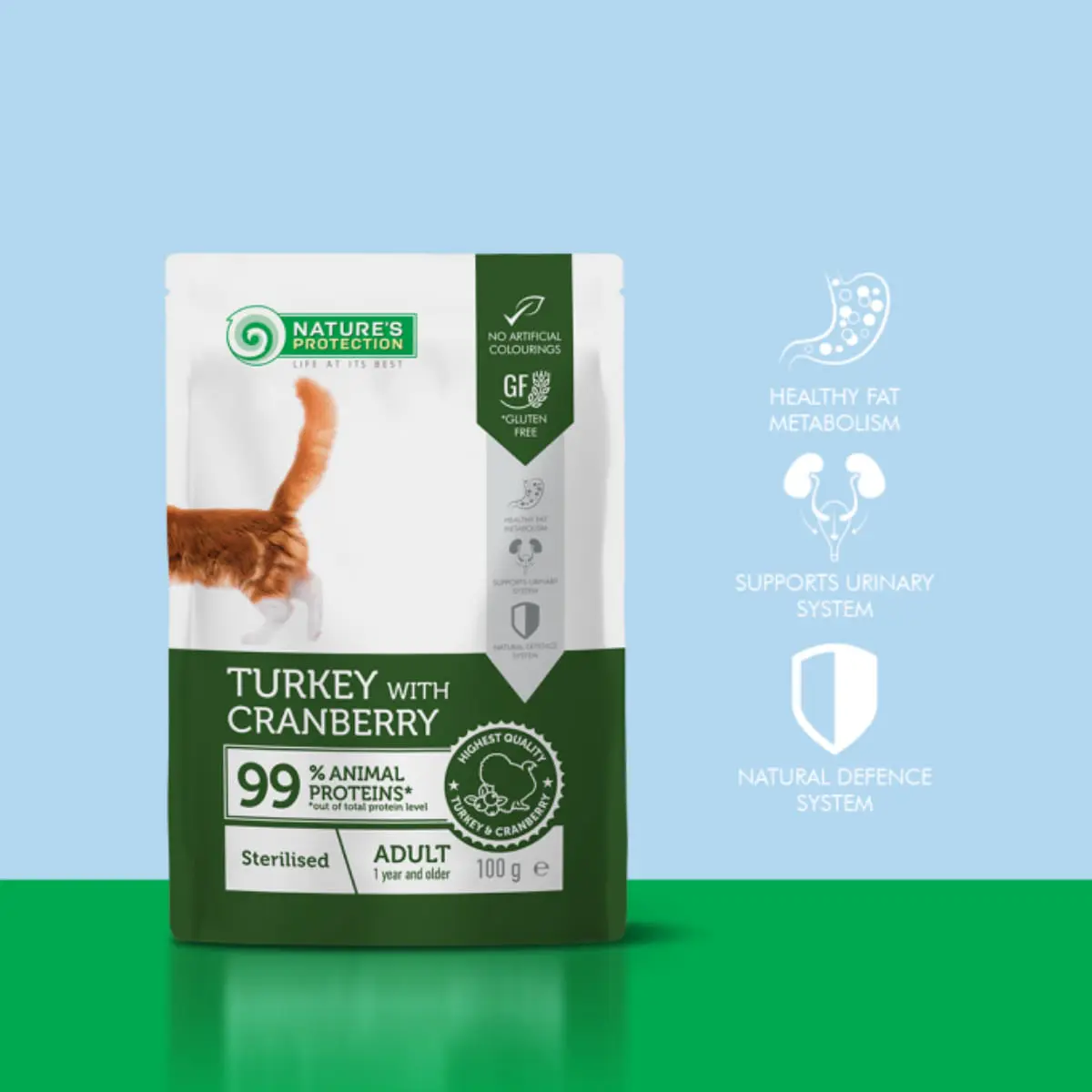 NATURES PROTECTION Sterilised, Curcan si Merisoare, plic hrana umeda monoproteica pisici sterilizate, (in sos), 100g - Image 3