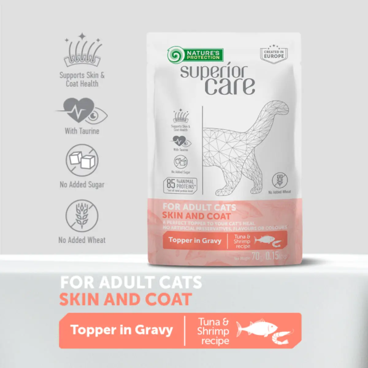 NATURES PROTECTION Superior Care Skin & Coat, Ton si Creveti, plic hrana umeda pisici, piele & blana, (topping), 70g - Image 4