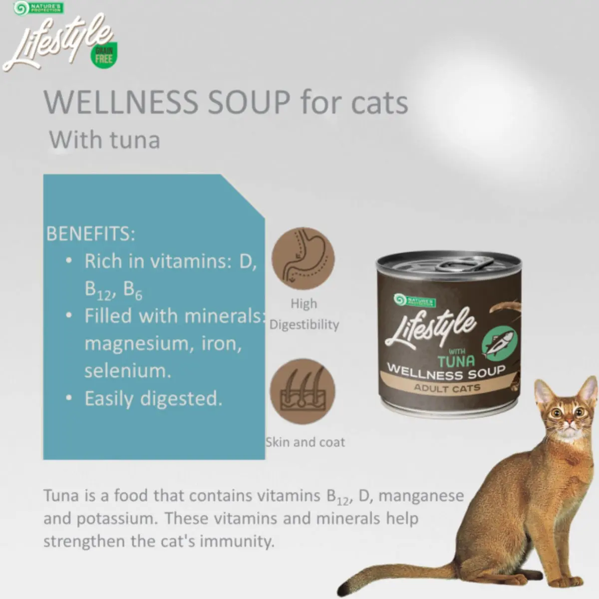 NATURES PROTECTION Lifestyle Sensitive Digestion Soup, Ton, conserva hrana umeda monoproteica pisici, sistem digestiv, (topping), 140g - Image 5
