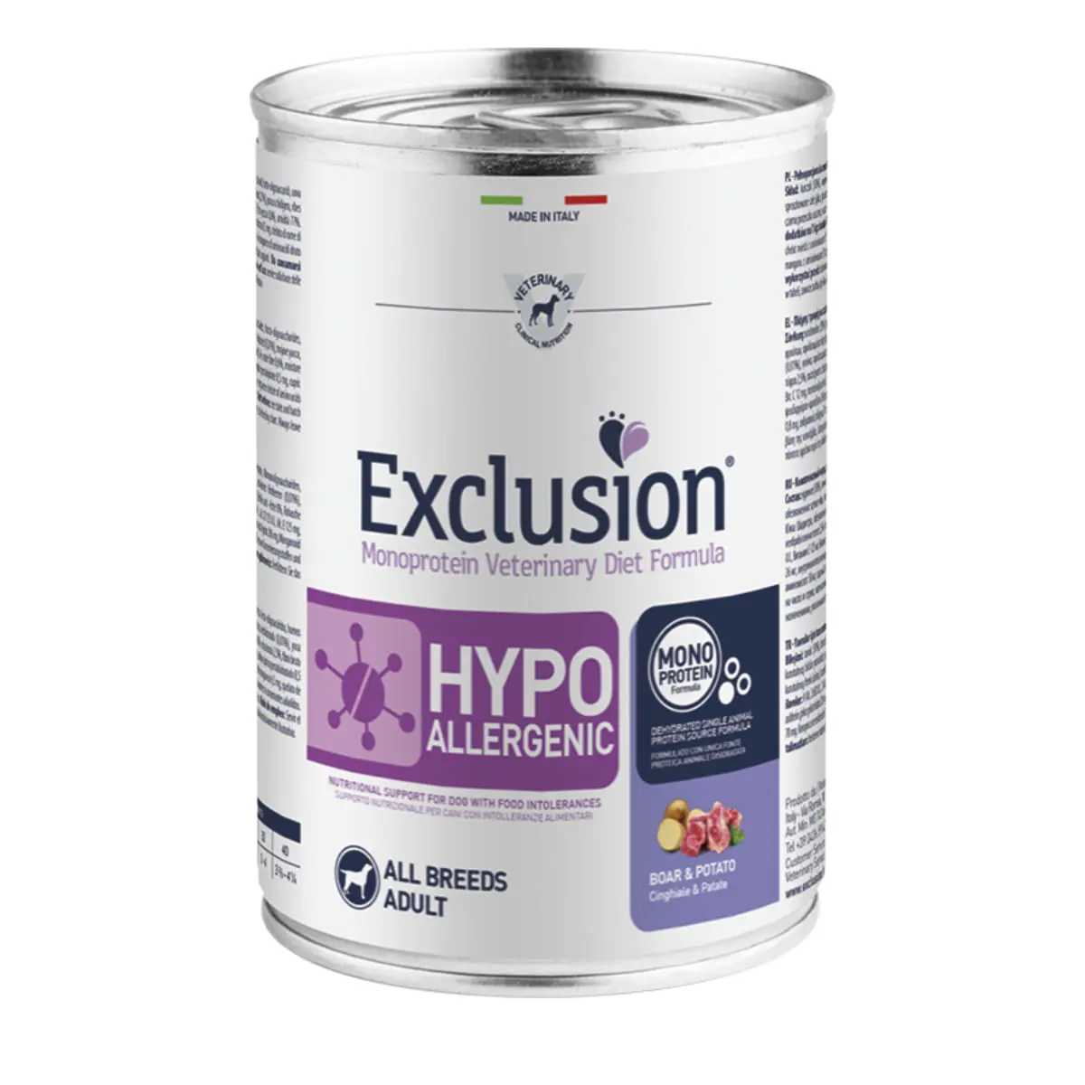 EXCLUSION Monoprotein VD Hypoallergenic, XS-XL, Mistret Cartofi, dieta veterinara, conserva hrana umeda fara cereale caini, alergii, (pate), 400g