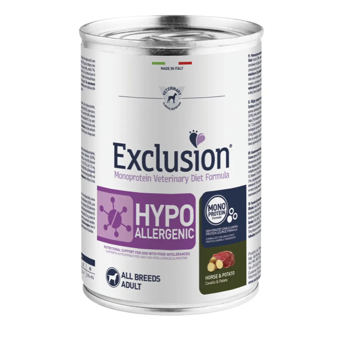 EXCLUSION Monoprotein VD Hypoallergenic, XS-XL, Cal si Cartofi, dieta veterinara, conserva hrana umeda fara cereale caini, alergii, (pate), 400g - Image 2