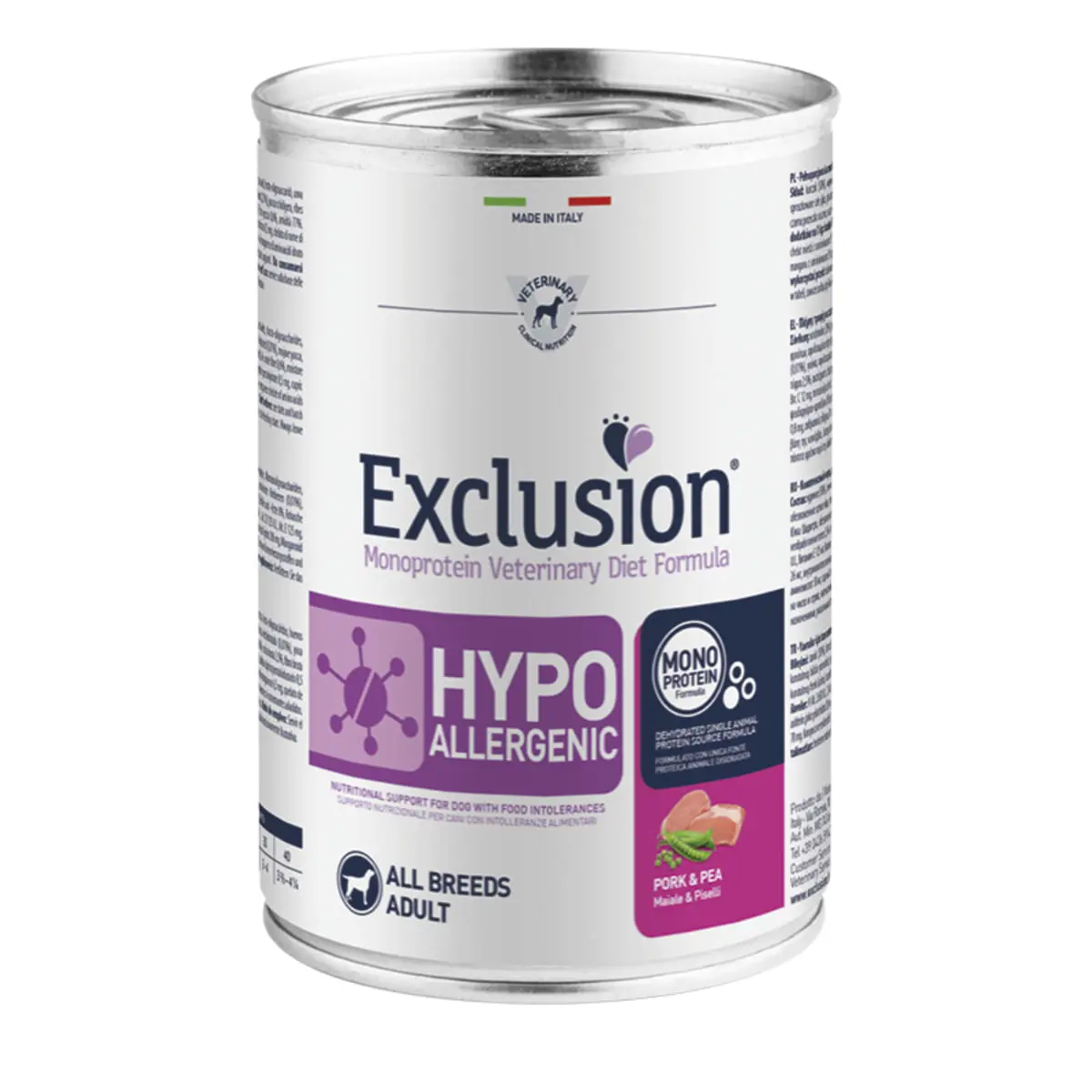 EXCLUSION Monoprotein VD Hypoallergenic, XS-XL, Porc si Mazare, dieta veterinara, conserva hrana umeda fara cereale caini, alergii, (pate), 400g