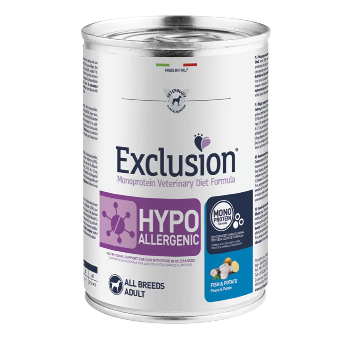 EXCLUSION Monoprotein VD Hypoallergenic, XS-XL, Peste si Cartofi, dieta veterinara, conserva hrana umeda fara cereale caini, alergii, (pate), 400g - Image 2