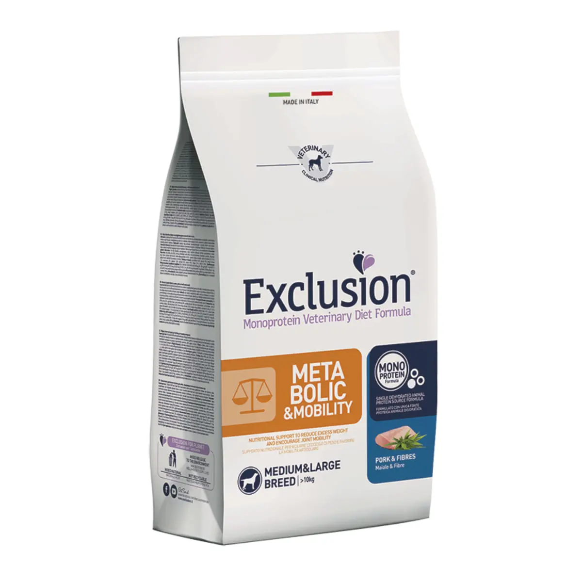 EXCLUSION Monoprotein VD Metabolic&Mobility Medium/Large, M-XL, Porc si Fibre, dieta veterinara, hrana uscata caini, obezitate, sistem articular, 12kg