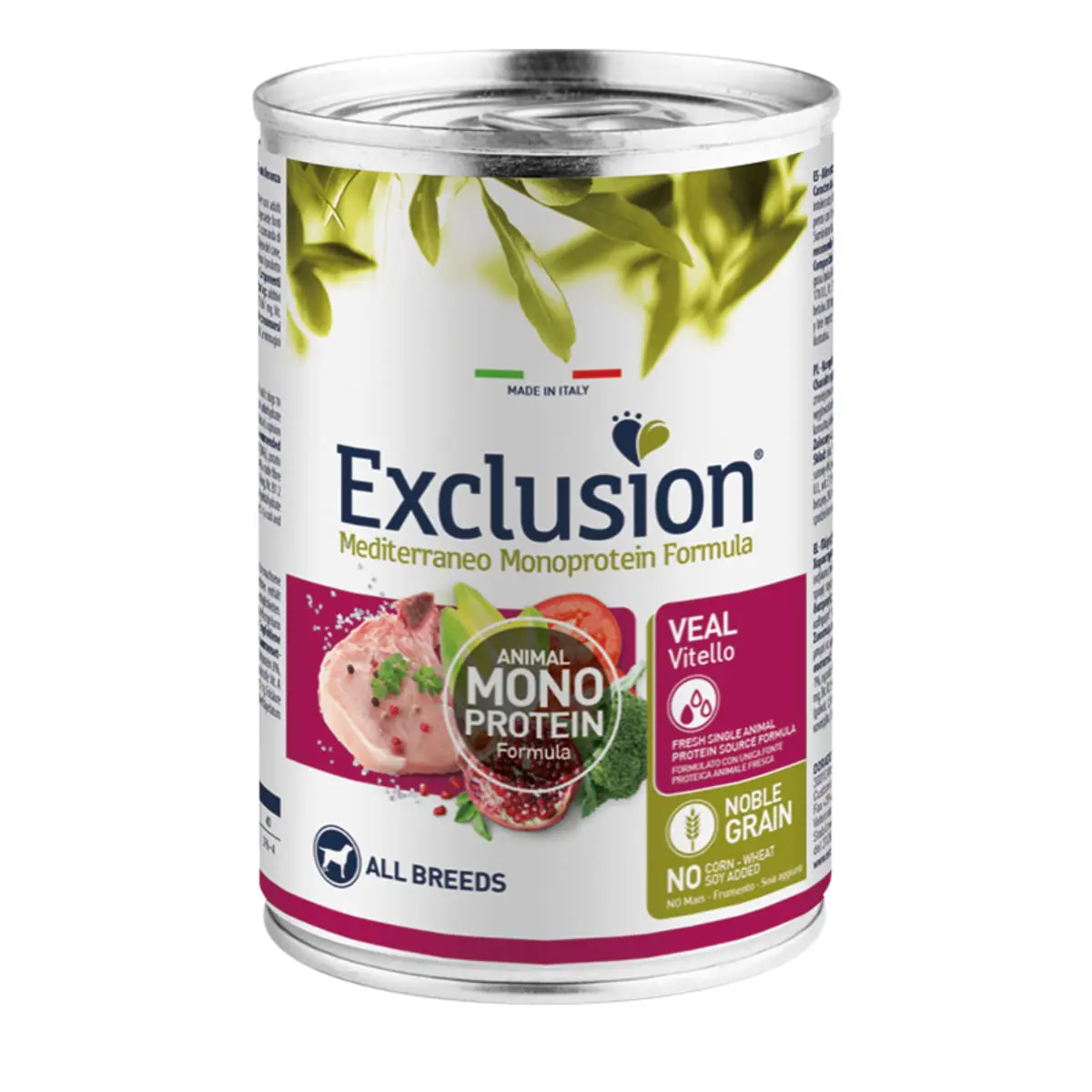 EXCLUSION Mediterraneo Monoprotein Formula, XS-XL, Vitel, conserva hrana umeda monoproteica caini, (pate), 400g