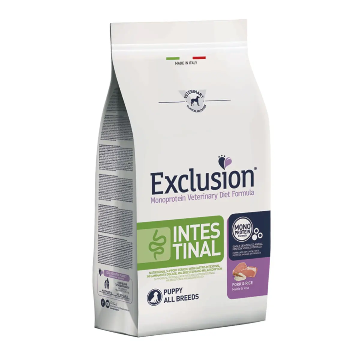 EXCLUSION Monoprotein VD Intestinal Puppy, XS-XL, Porc si Orez, dieta veterinara, hrana uscata caini junior, sistem digestiv, 12kg