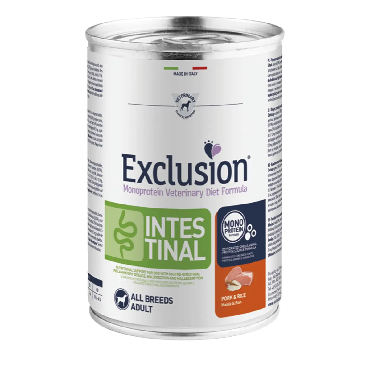 EXCLUSION Monoprotein VD Intestinal, XS-XL, Porc si Orez, dieta veterinara, conserva hrana umeda fara cereale caini, sistem digestiv, (pate), 400g