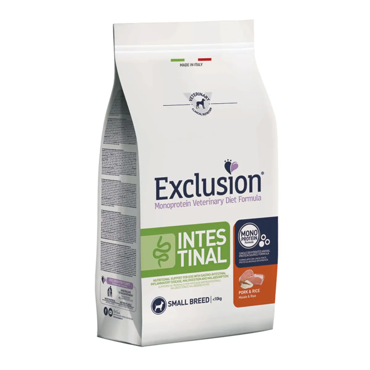 EXCLUSION Monoprotein VD Intestinal Small, XS-S, Porc si Orez, dieta veterinara, hrana uscata caini, sistem digestiv, 7kg