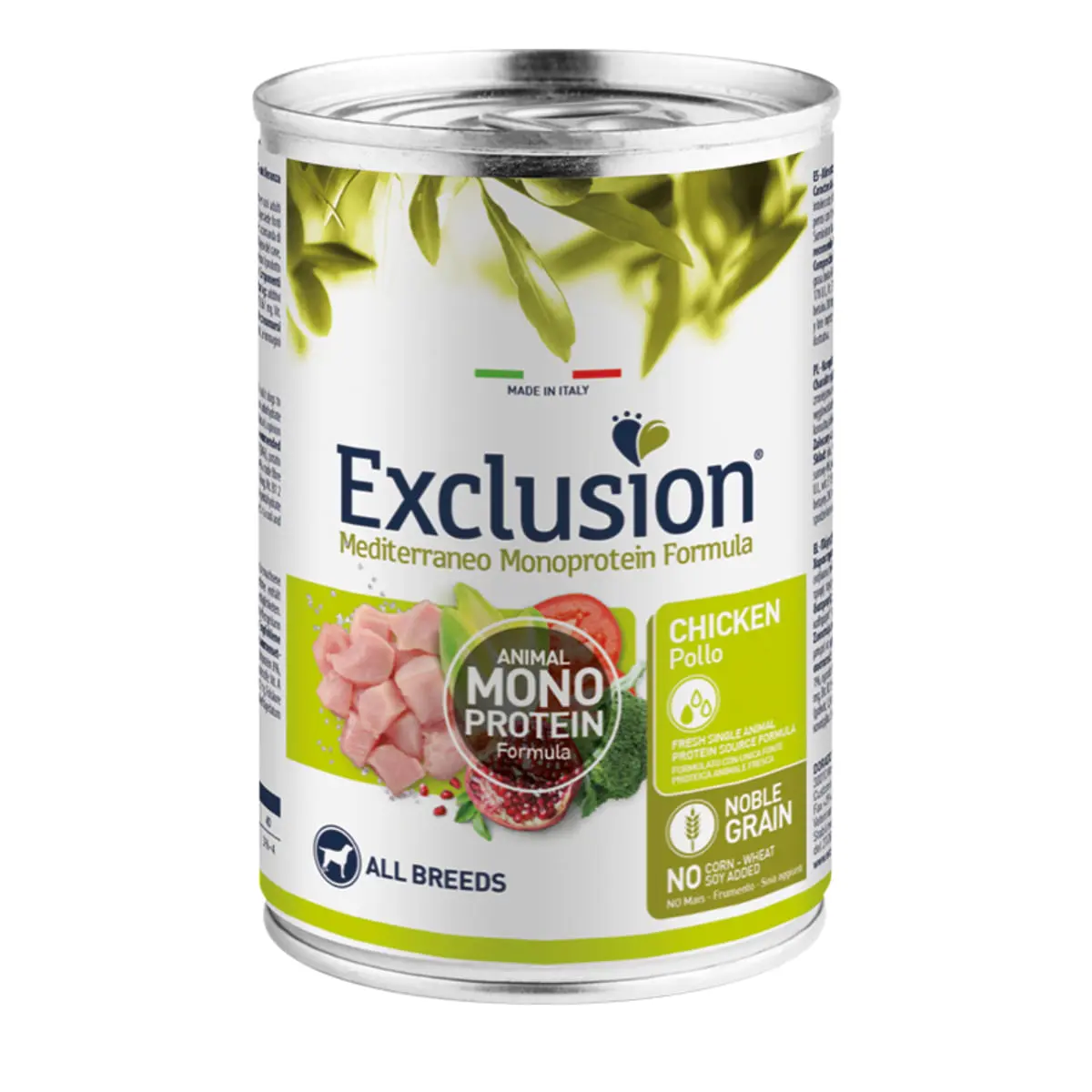 EXCLUSION Mediterraneo Monoprotein Formula, XS-XL, Pui, conserva hrana umeda monoproteica caini, (pate), 400g