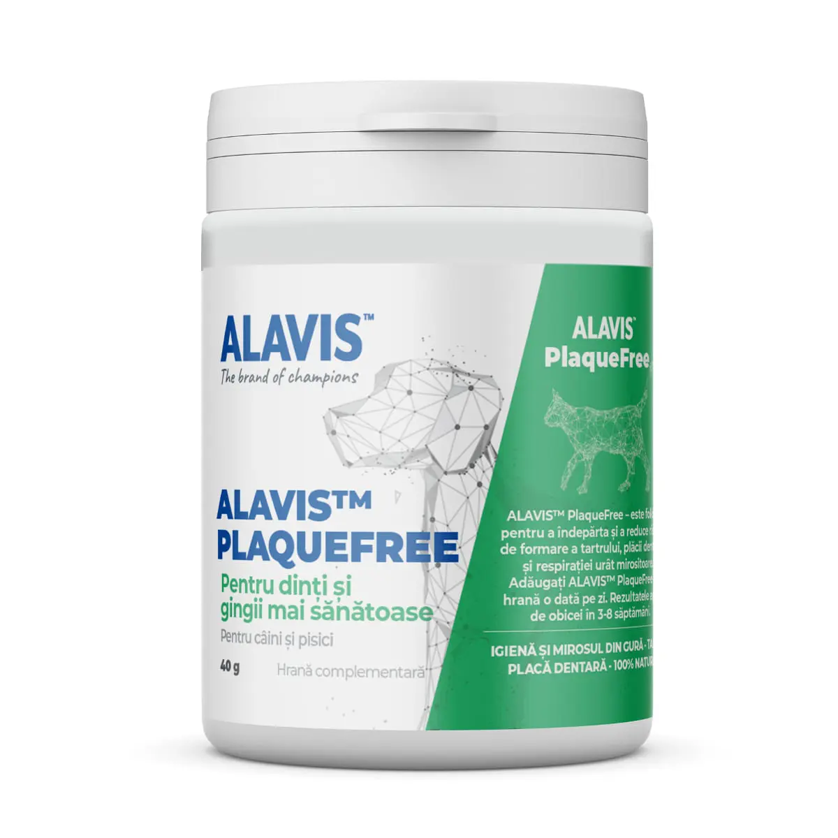 ALAVIS Plaquefree, XS-XL, igiena orala pudra caini si pisici, antibacterian, flacon, 40g