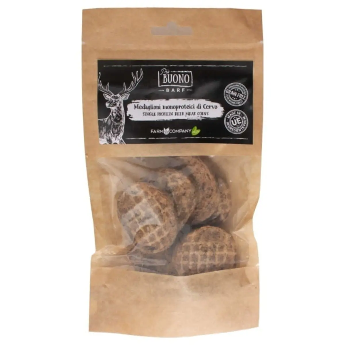 PIU BUONO Single Protein Meat Coins, XS-XL, Caprioara, punguta recompense monoproteice BARF caini, 80g - Image 2