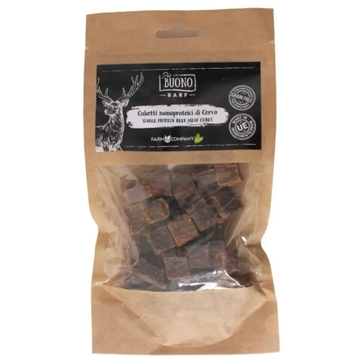 PIU BUONO Single Protein Meat Cubes, XS-XL, Caprioara, punguta recompense monoproteice BARF caini, 70g