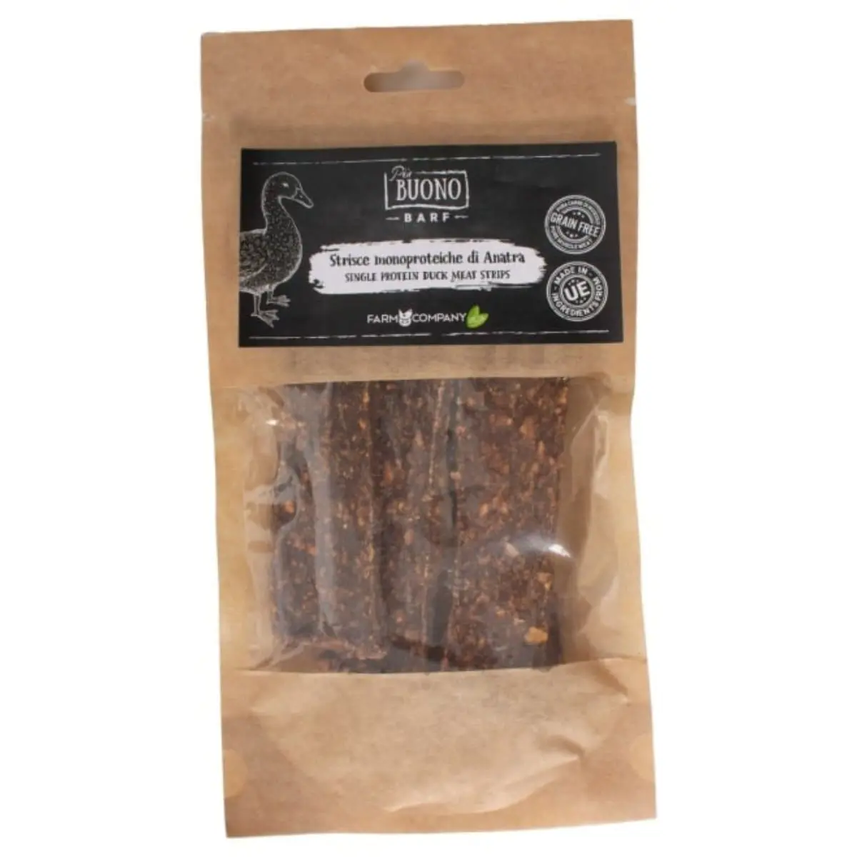 PIU BUONO Single Protein Meat Strips, XS-XL, Rata, punguta recompense monoproteice BARF caini, 70g