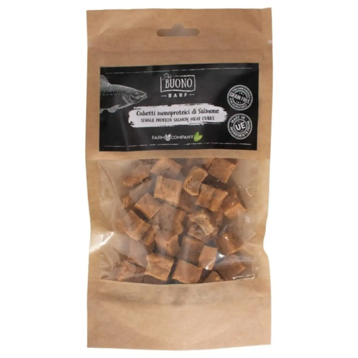 PIU BUONO Single Protein Meat Cubes, XS-XL, Somon, punguta recompense monoproteice BARF caini, 70g