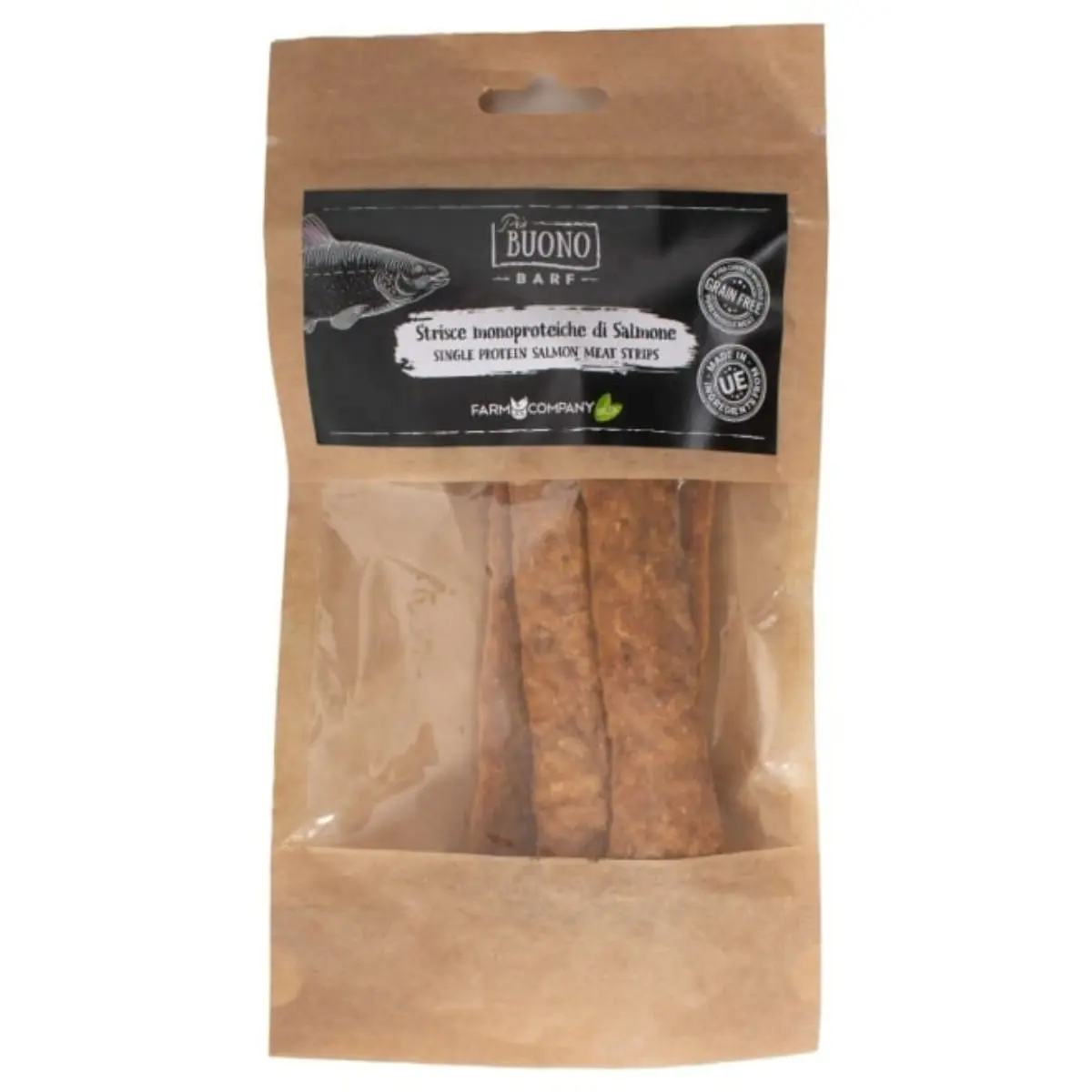 PIU BUONO Single Protein Meat Strips, XS-XL, Somon, punguta recompense monoproteice BARF caini, 70g - Image 2