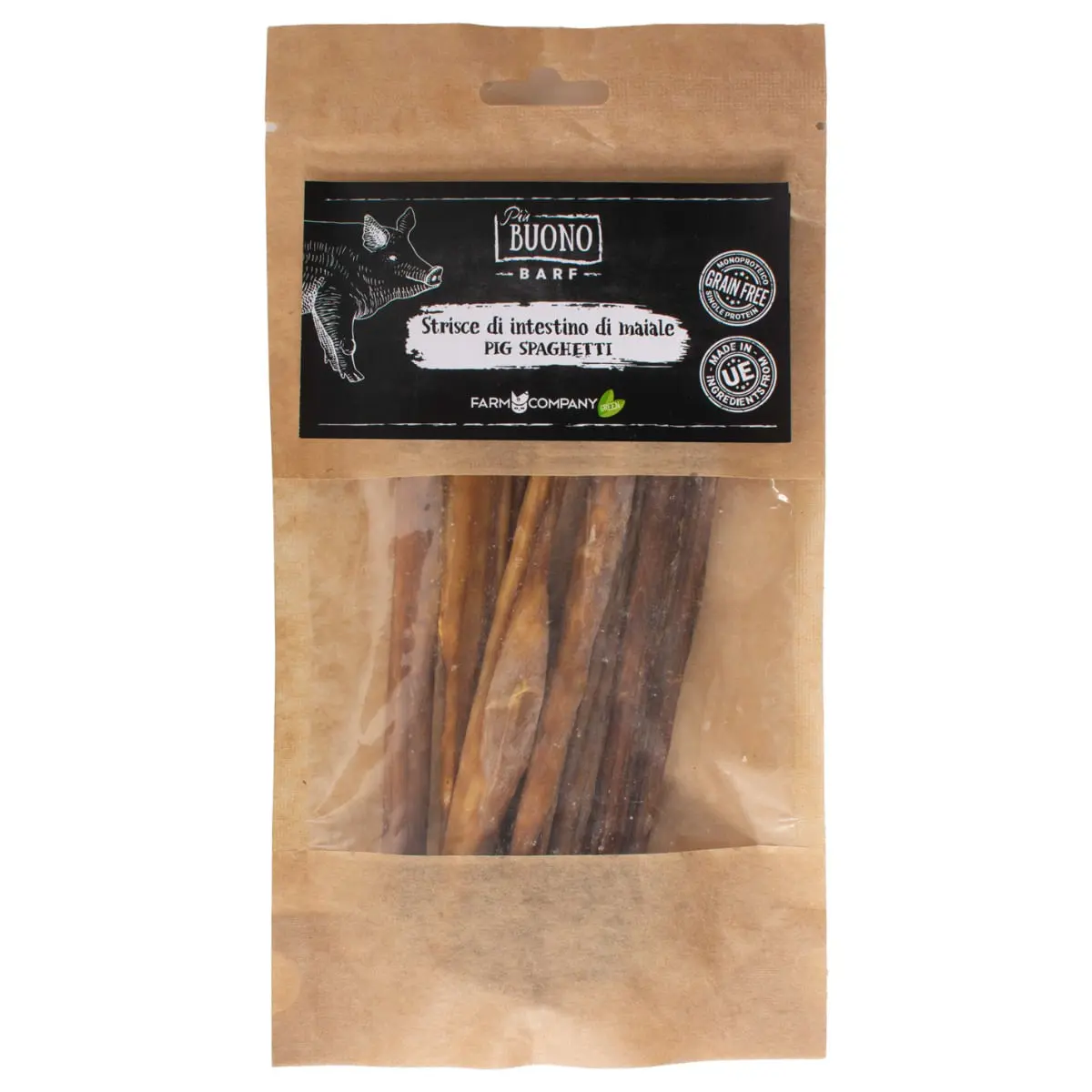 PIU BUONO Strips Intestine de Porc, XS-XL, punguta recompense caini, 50g