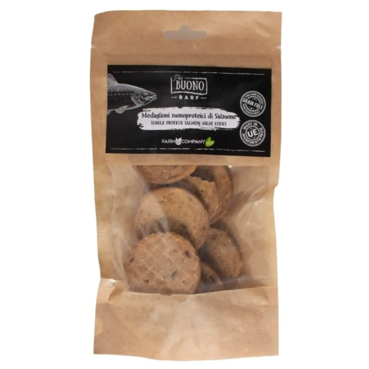 PIU BUONO Single Protein Meat Coins, XS-XL, Somon, punguta recompense monoproteice BARF caini, 70g - Image 2