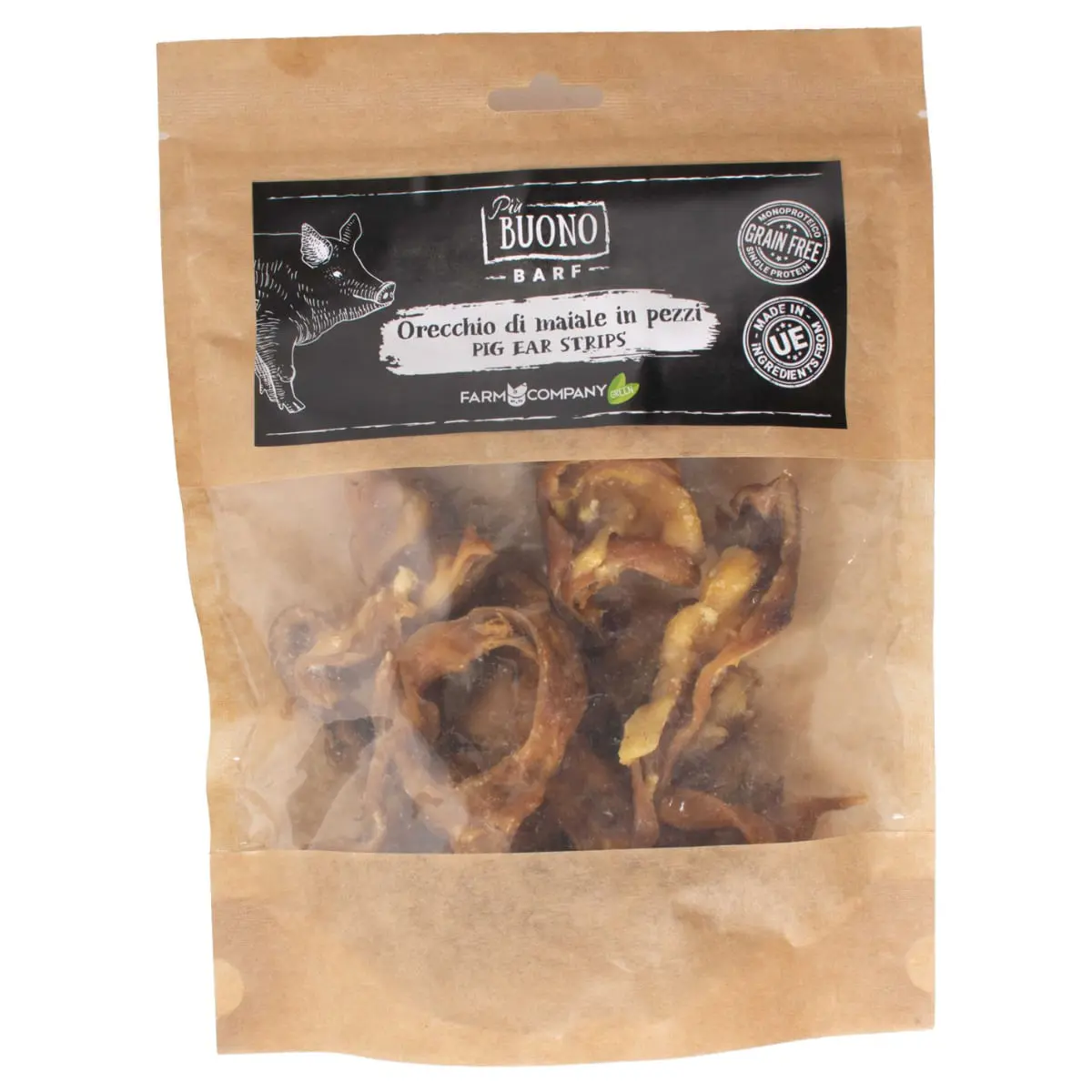 PIU BUONO Strips Urechi de Porc, XS-XL, punguta recompense caini, 150g - Image 2