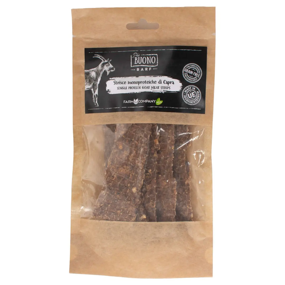 PIU BUONO Single Protein Meat Strips, XS-XL, Capra, punguta recompense monoproteice BARF caini, 70g