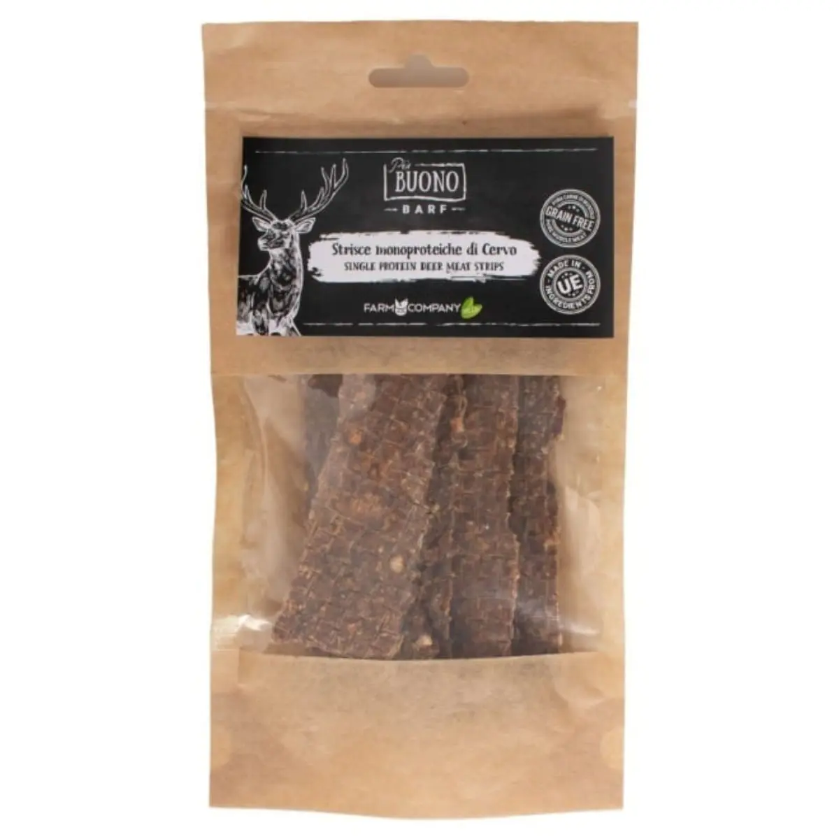 PIU BUONO Single Protein Meat Strips, XS-XL, Caprioara, punguta recompense monoproteice BARF caini, 70g - Image 2