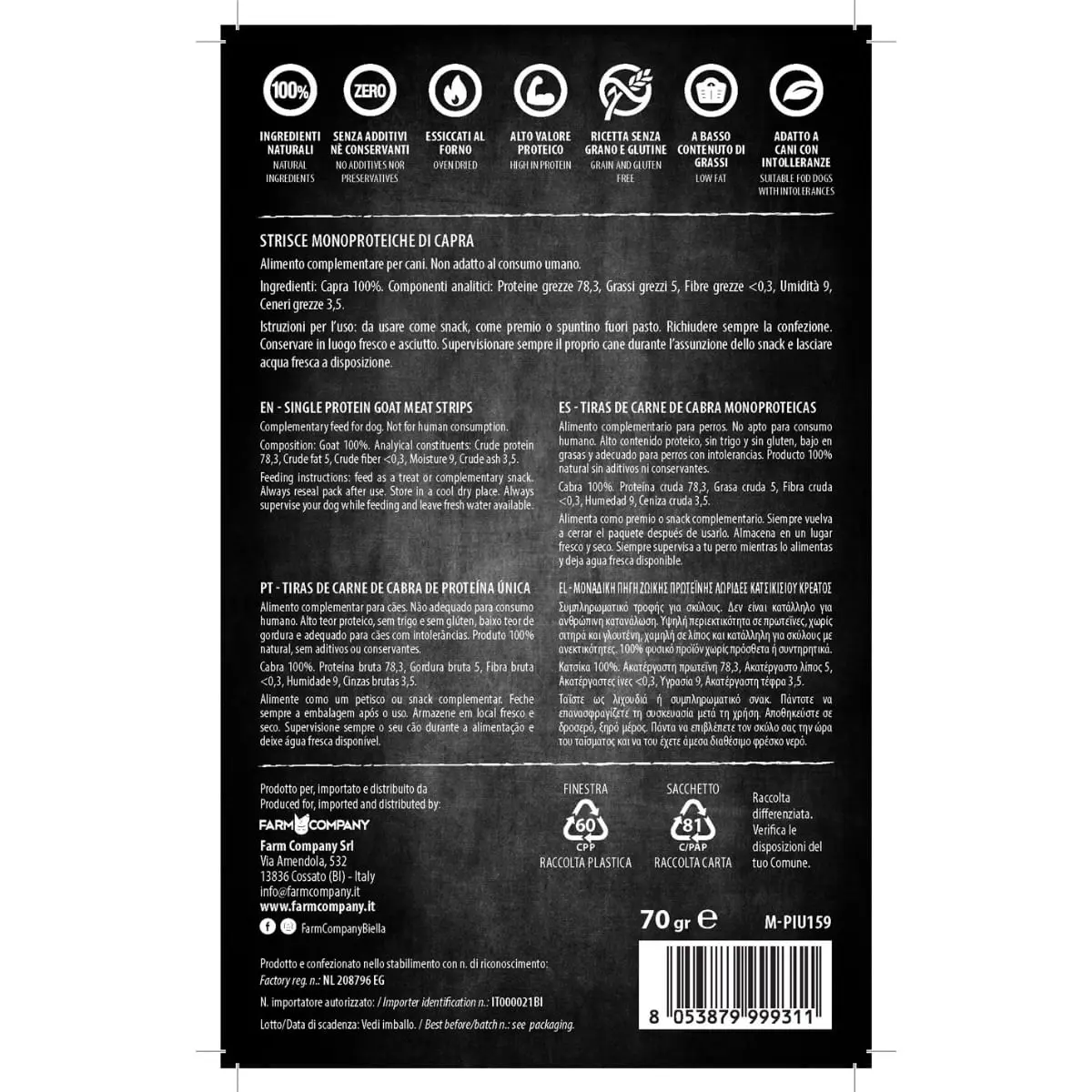 PIU BUONO Single Protein Meat Strips, XS-XL, Capra, punguta recompense monoproteice BARF caini, 70g - Image 3