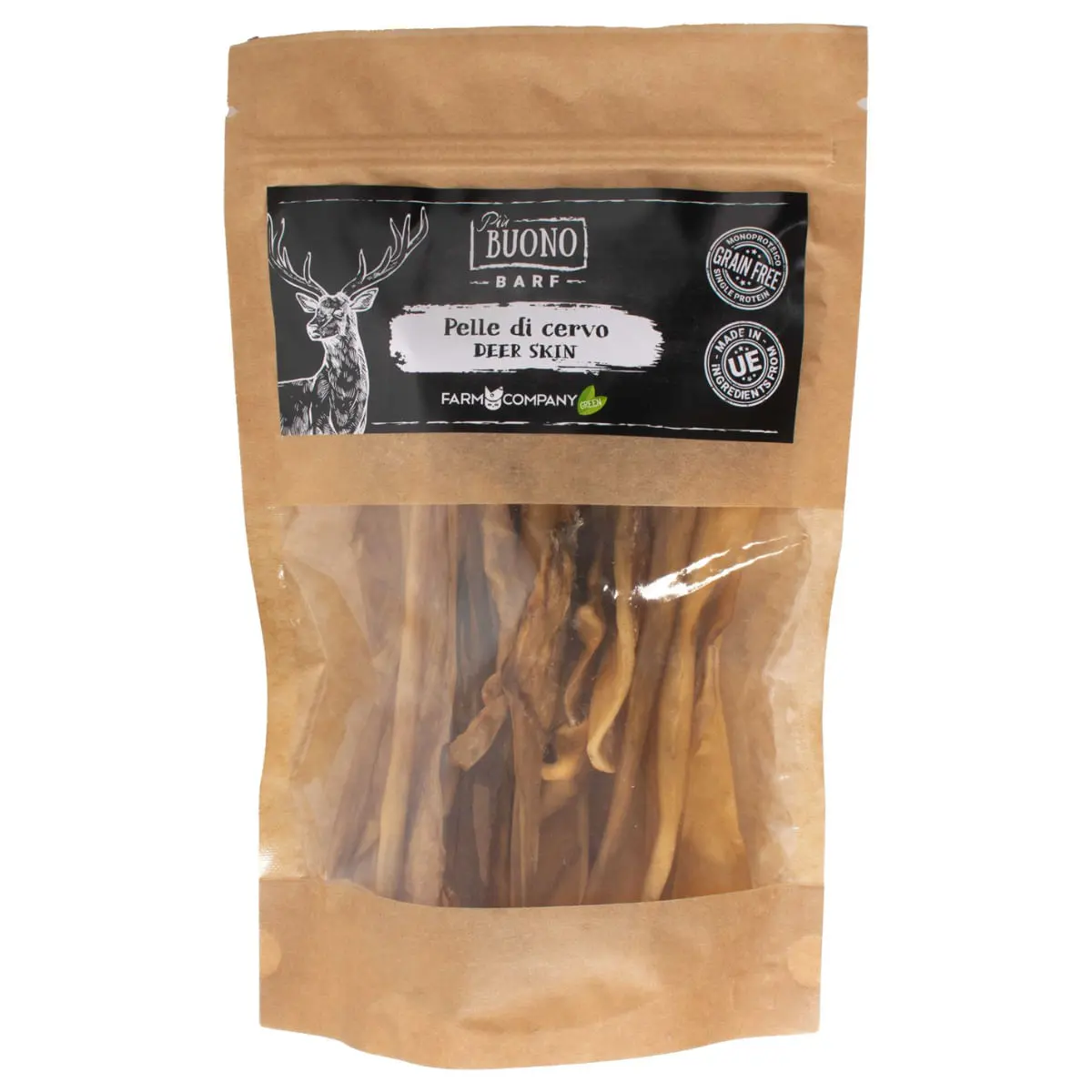 PIU BUONO Piele Uscata de Caprioara, XS-XL, punguta recompense caini, 250g - Image 2