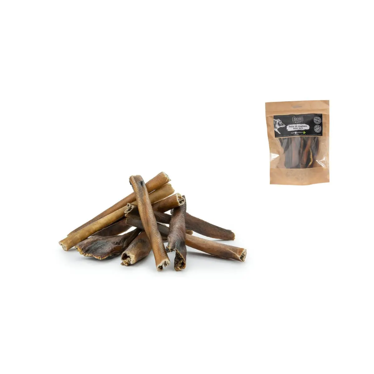 PIU BUONO Piele Uscata de Mistret, XS-XL, punguta recompense caini, 250g - Image 4