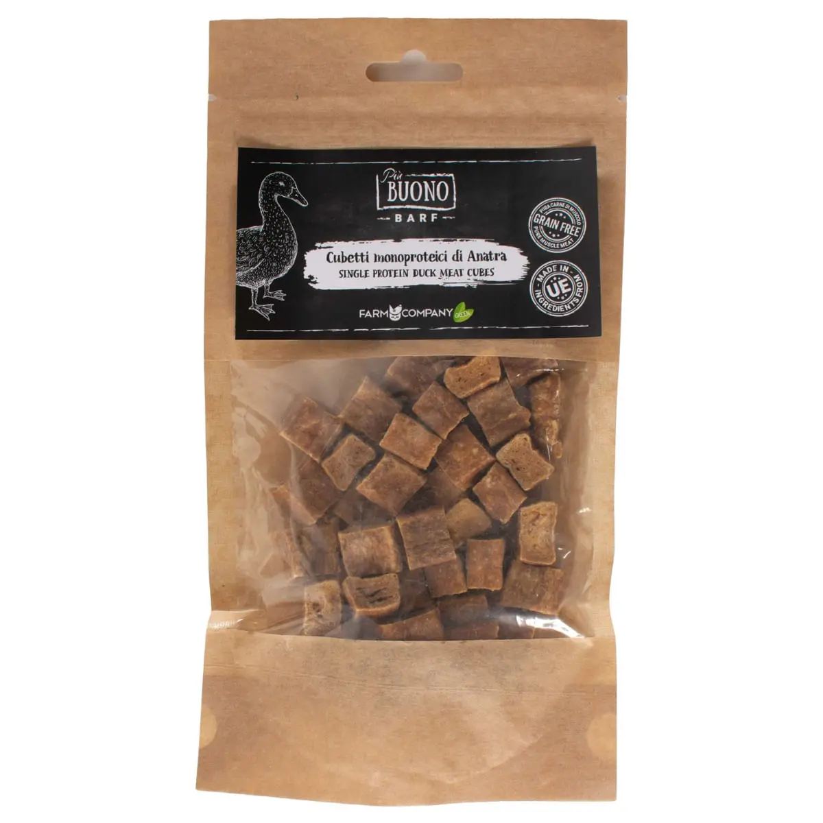 PIU BUONO Single Protein Meat Cubes, XS-XL, Rata, punguta recompense monoproteice BARF caini, 70g