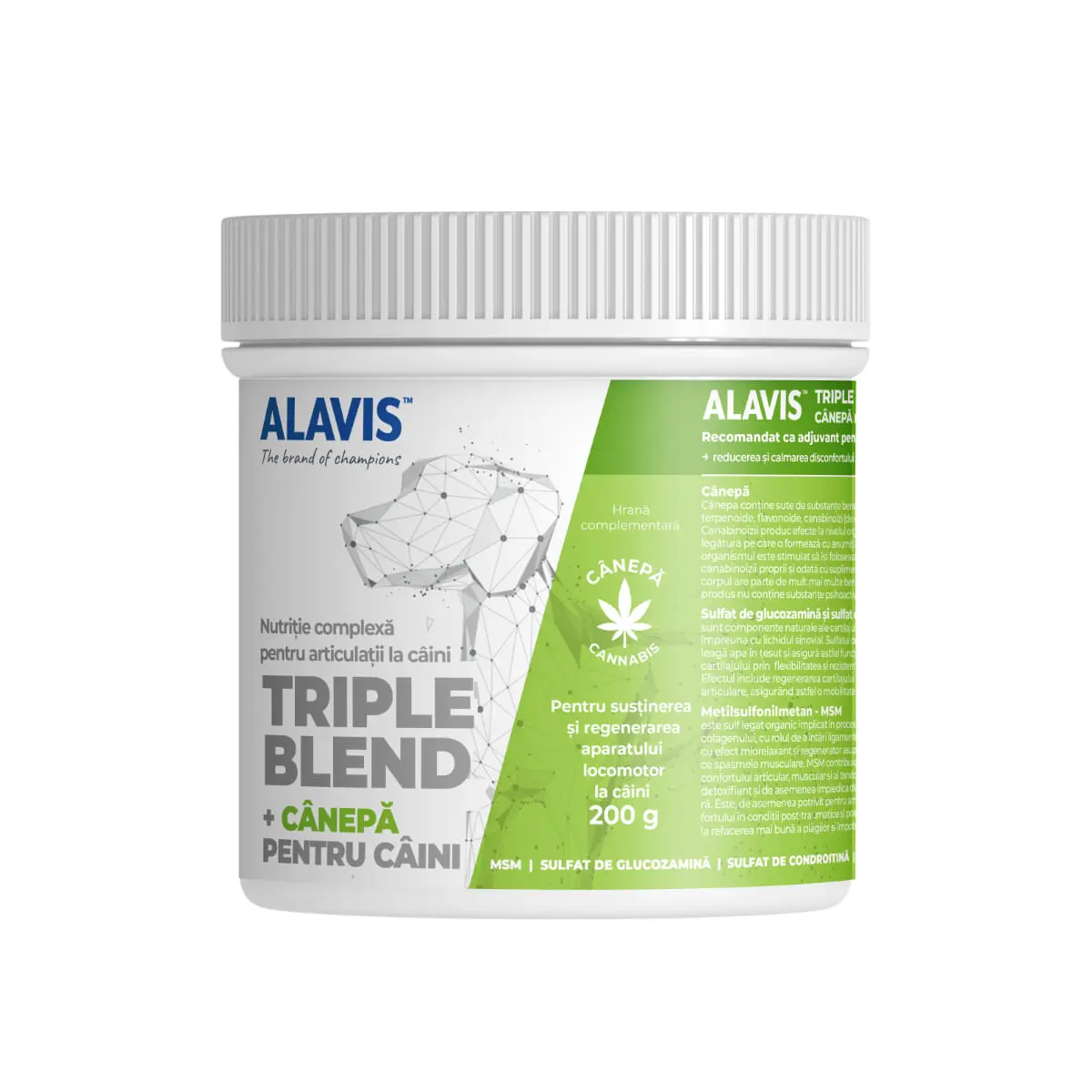 ALAVIS Triple Blend + CBD, supliment sistem articular, sistem nervos & calmante caini, pudra ALAVIS Triple Blend + CBD, XS-XL, supliment sistem articular, sistem nervos & calmante caini, flacon, 200g pudra