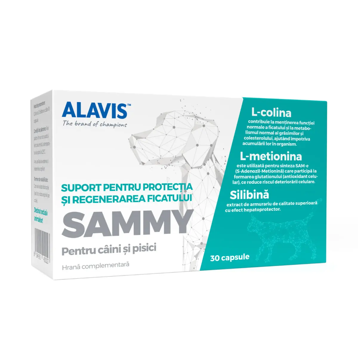 ALAVIS Sammy, supliment sistem hepatic caini, capsule ALAVIS Sammy, XS-XL, supliment sistem hepatic caini si pisici, flacon, 30 capsule