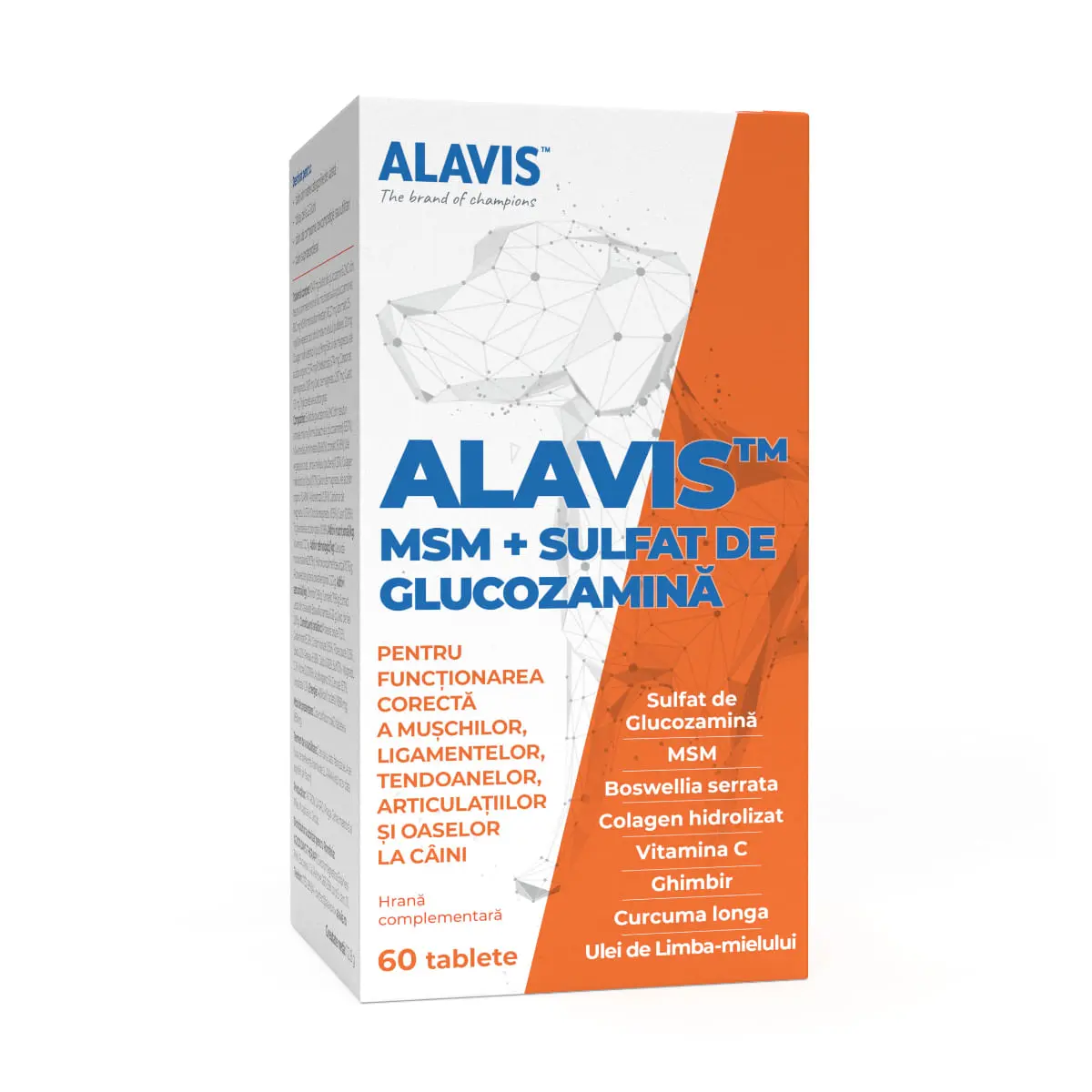 ALAVIS MSM + Sulfat de Glucozamina, supliment sistem articular caini, comprimate ALAVIS MSM + Sulfat de Glucozamina, XS-XL, supliment sistem articular caini, flacon, 60 comprimate