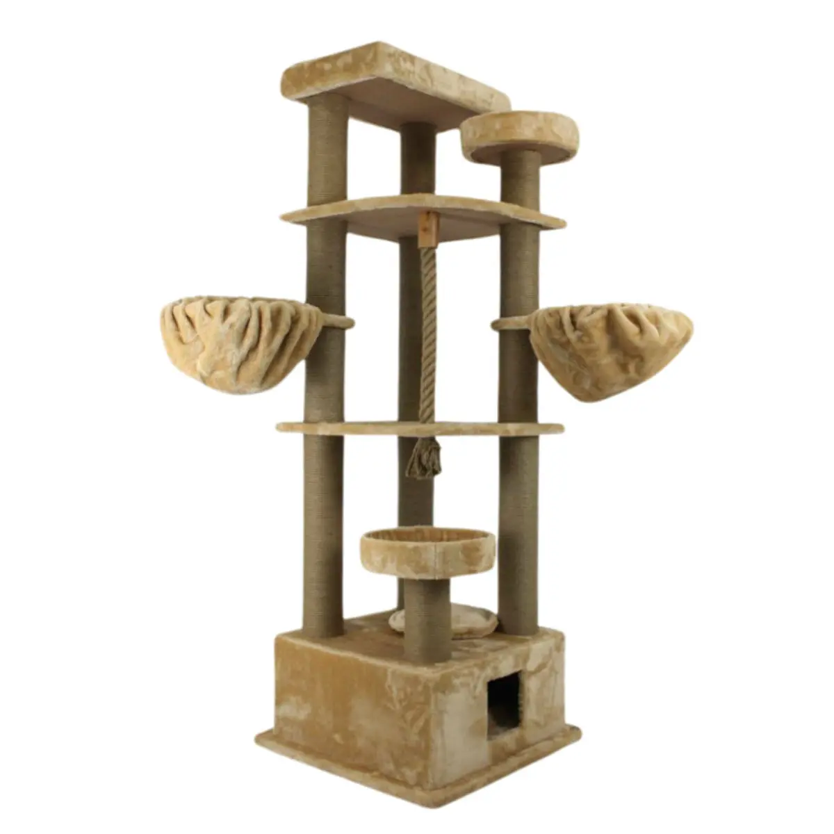 SHAW Lizbon, ansamblu de joaca pisici, 5 etaje, 1 casuta, MDF si plus, elemente de zgariat, elemente hamac, bej, 85x140x203cm