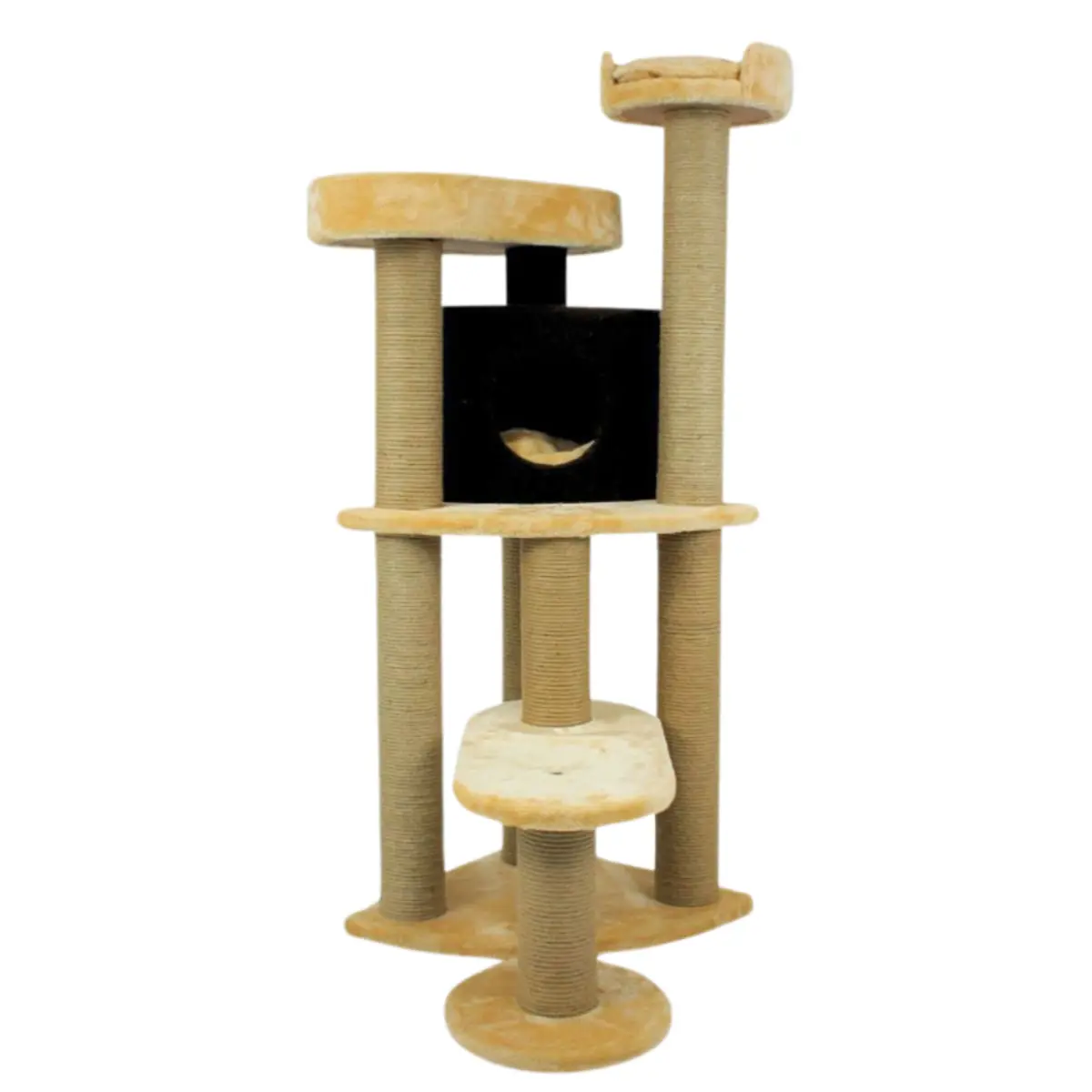 SHAW Roma, ansamblu de joaca pisici, 4 etaje, 1 casuta, MDF si plus, elemente de zgariat, bej, 60x60x134cm