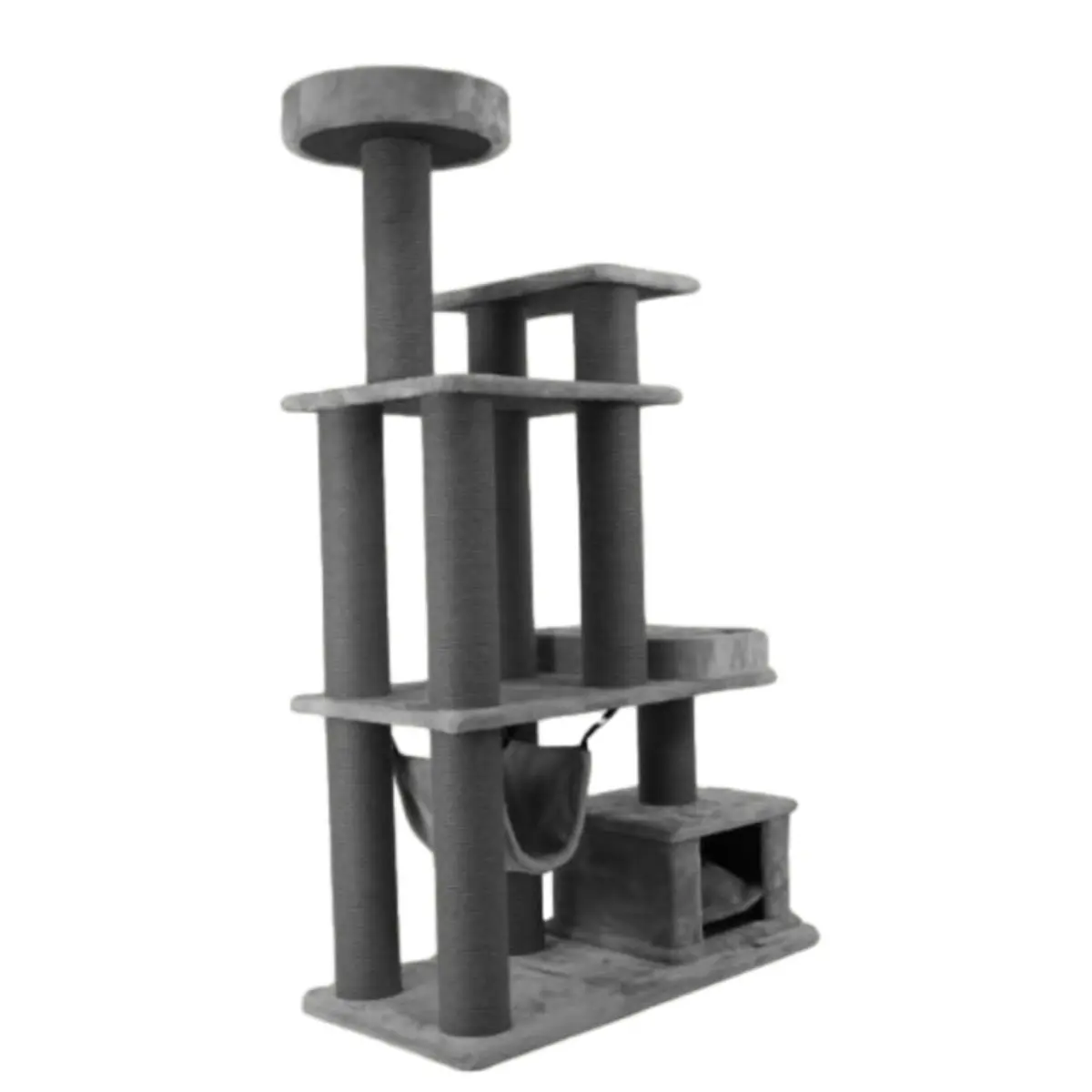 SHAW Istanbul, ansamblu de joaca pisici, 5 etaje, 1 casuta, MDF si plus, elemente de zgariat, elemente hamac, gri, 52x100x172cm