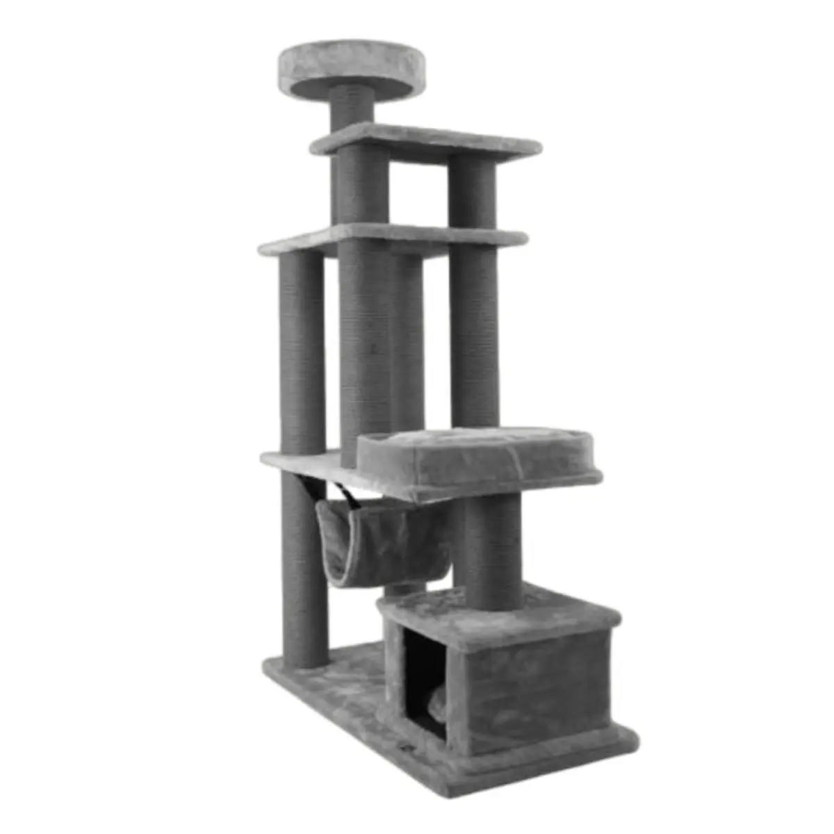 SHAW Istanbul, ansamblu de joaca pisici, 5 etaje, 1 casuta, MDF si plus, elemente de zgariat, elemente hamac, gri, 52x100x172cm - Image 3