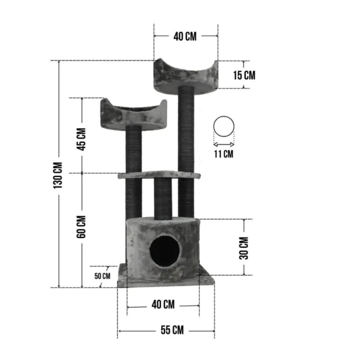SHAW Warsaw, ansamblu de joaca pisici, 3 etaje, 1 casuta, MDF si plus, elemente de zgariat, gri, 65x80x130cm - Image 5
