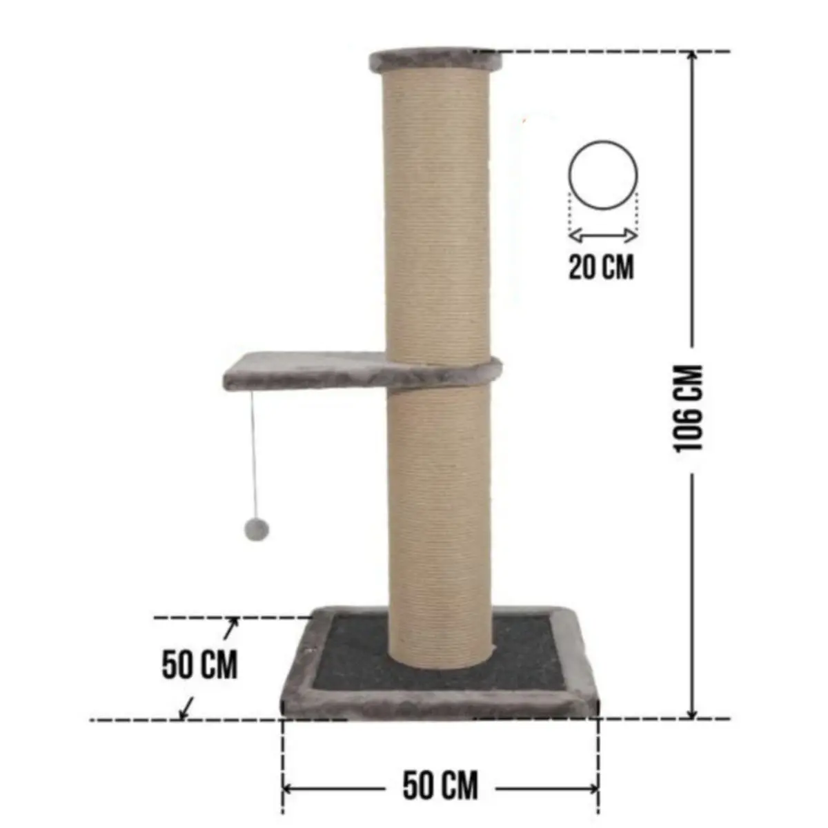 SHAW, stalp de zgariat cilindric pisici, 1 etaj, MDF si sisal, elemente de zgariat, elemente atarnate, gri, 50x50x106cm - Image 6