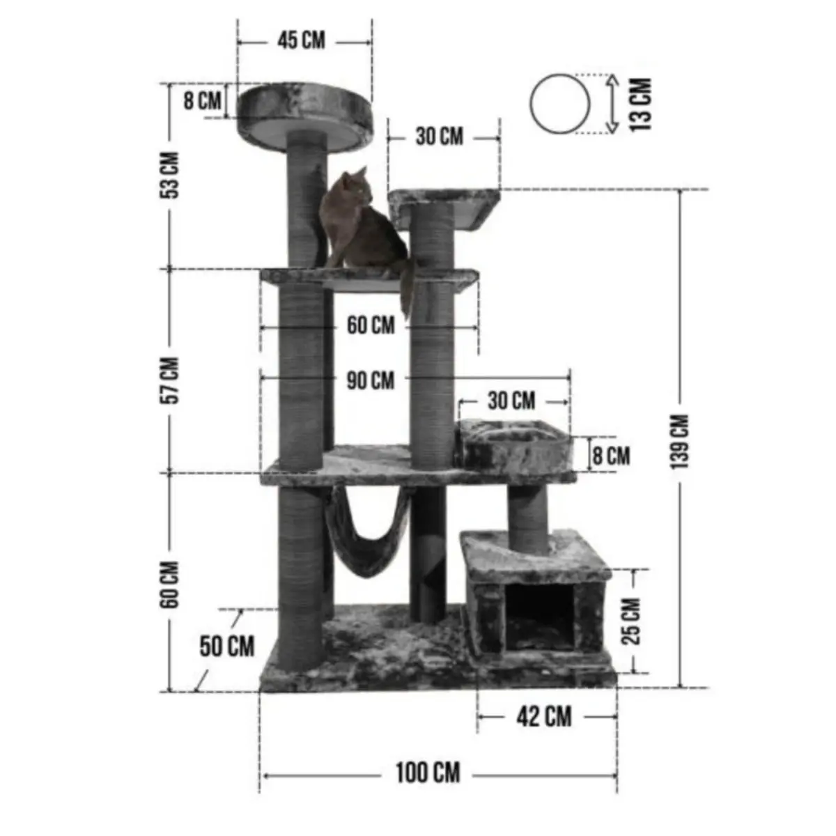 SHAW Istanbul, ansamblu de joaca pisici, 5 etaje, 1 casuta, MDF si plus, elemente de zgariat, elemente hamac, gri, 52x100x172cm - Image 7
