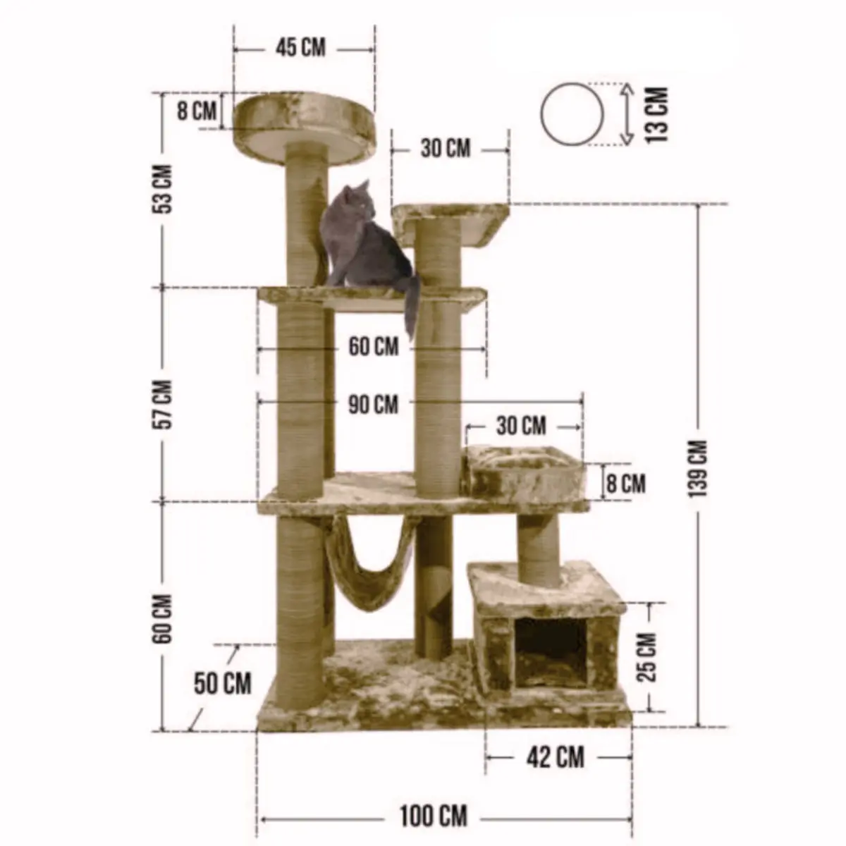 SHAW Istanbul, ansamblu de joaca pisici, 5 etaje, 1 casuta, MDF si plus, elemente de zgariat, elemente hamac, bej, 52x100x172cm - Image 8