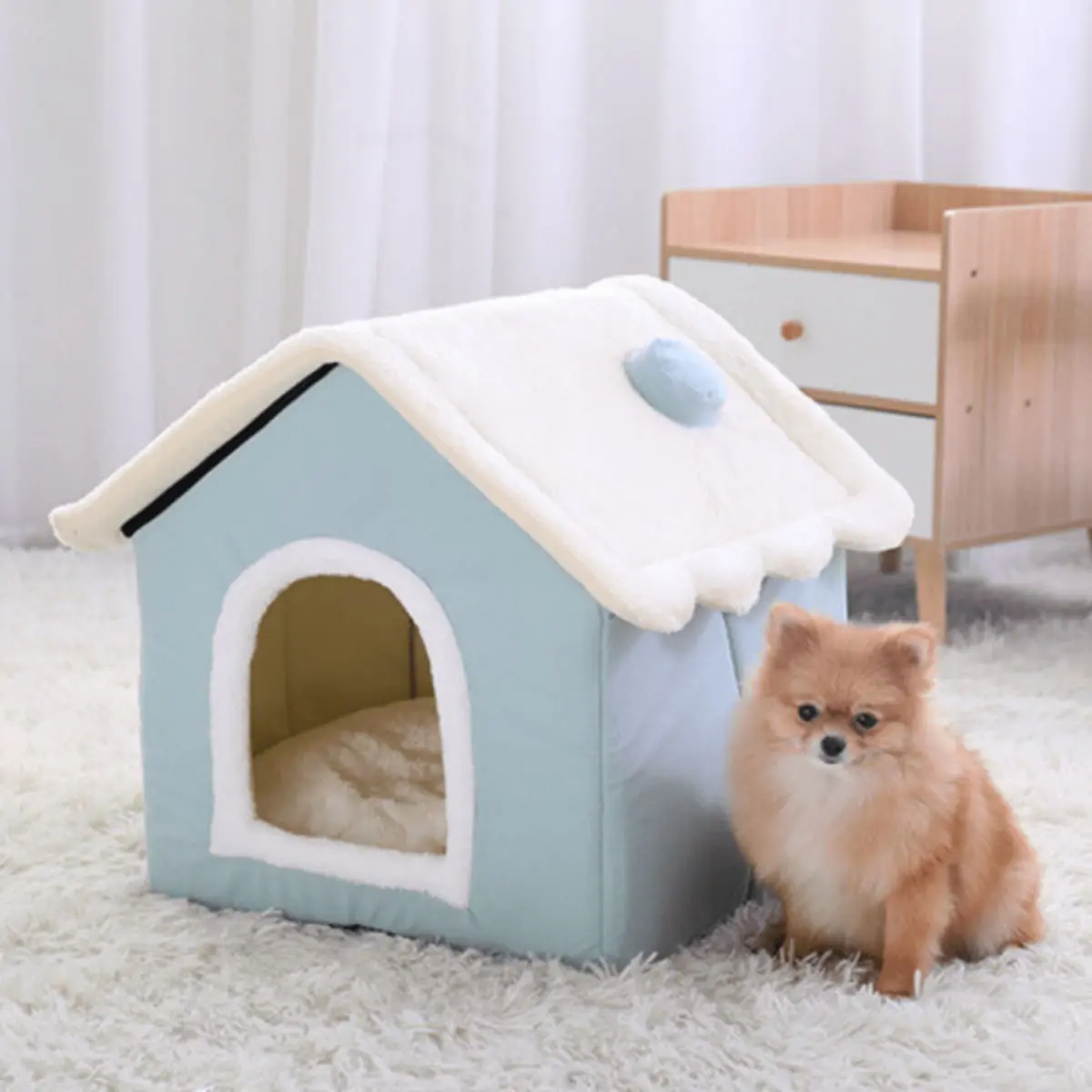 SHAW, casuta caini si pisici, textil, pliabil, termic alb si albastru, XS-S(40x32x35cm) - Image 9