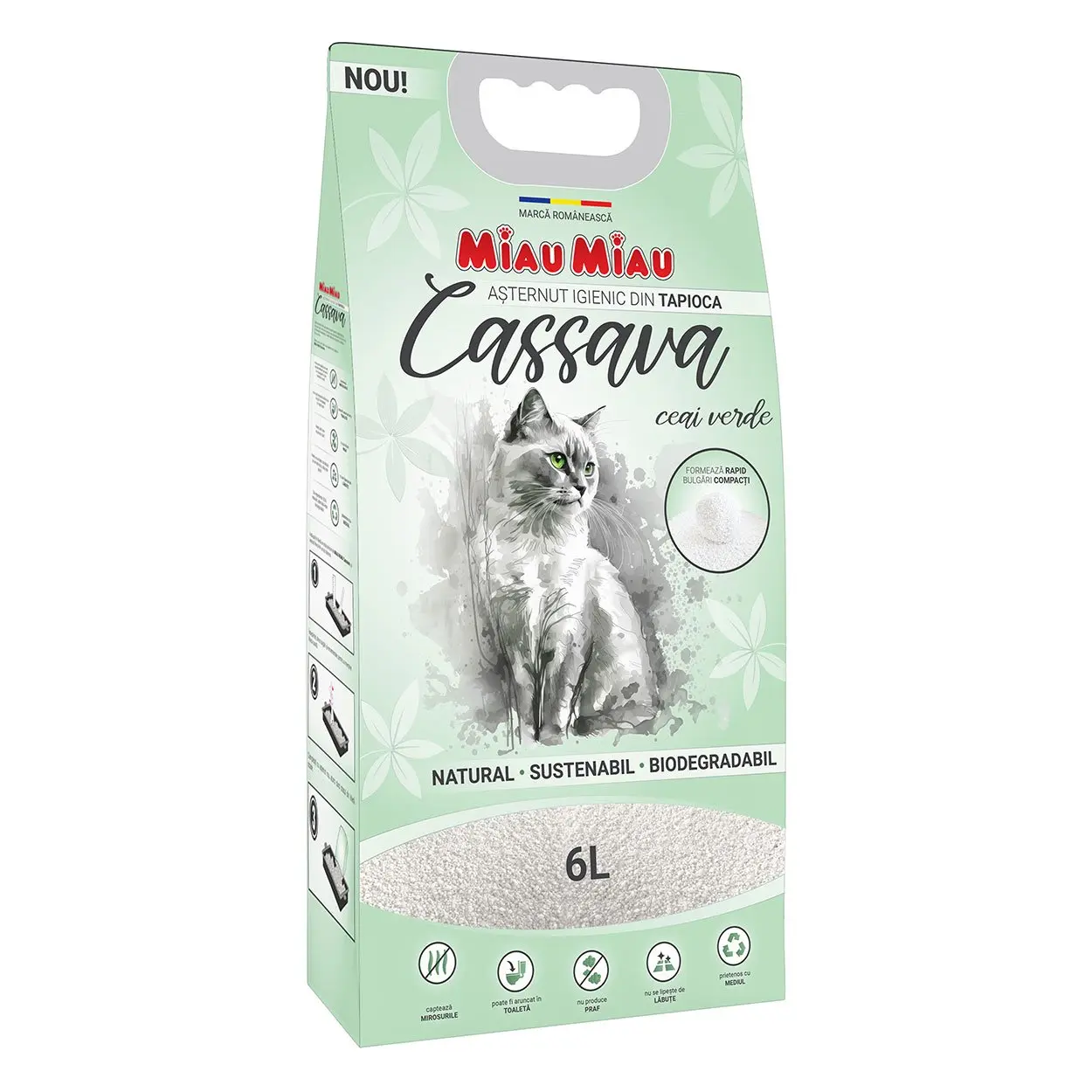 MIAU MIAU Cassava, ceai verde, asternut igienic pisici, granule, tapioca, aglomerant, ecologic, biodegradabil, 6l MIAU MIAU Cassava, neparfumat, asternut igienic pisici, granule, tapioca, aglomerant, ecologic, biodegradabil, 6l - Image 2