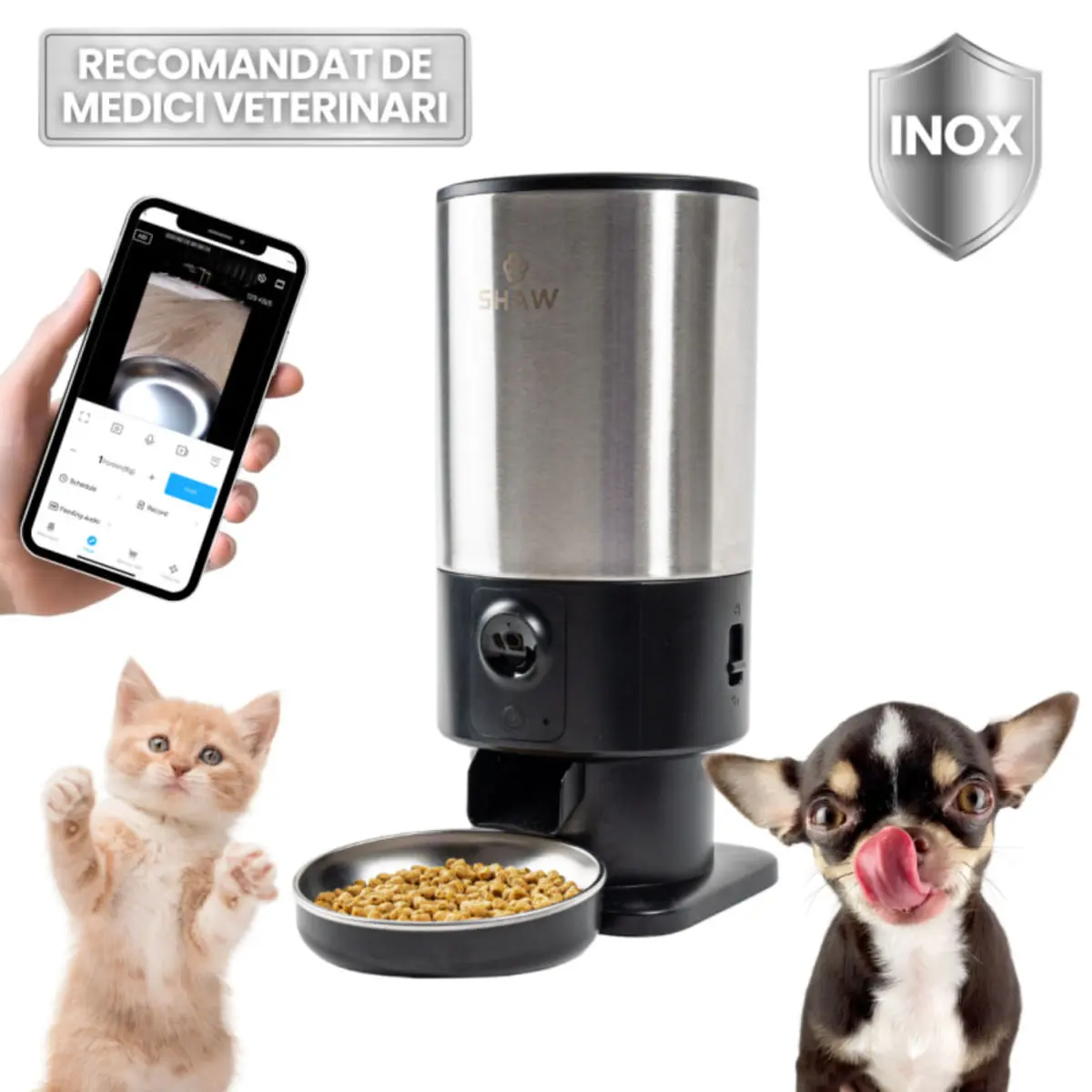 SHAW Smart PRO V3, hranitor automat caini, 1 bol rotund, programabil, aplicatie mobila, PVC SHAW Smart PRO V3, hranitor automat caini si pisici, 1 bol rotund, programabil, aplicatie mobila, PVC, negru, XS-S(5l)