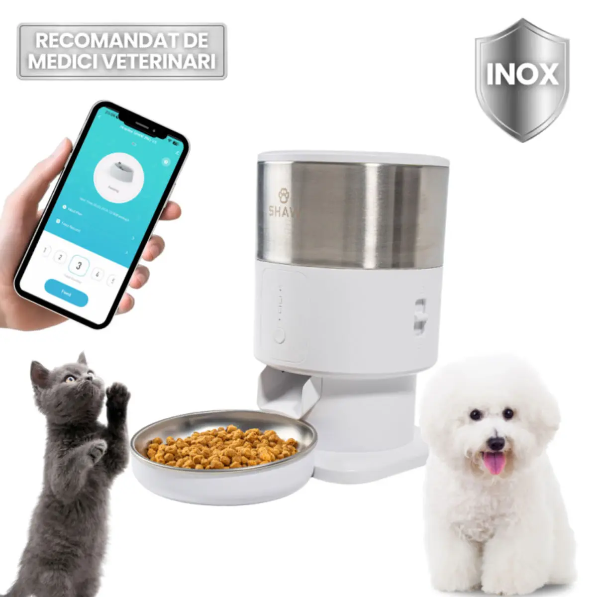 SHAW PRO V3 Mini, hranitor automat caini, 1 bol rotund, programabil, aplicatie mobila, PVC SHAW PRO V3 Mini, hranitor automat caini si pisici, 1 bol rotund, programabil, aplicatie mobila, PVC, alb, XS-S(2l) - Image 2