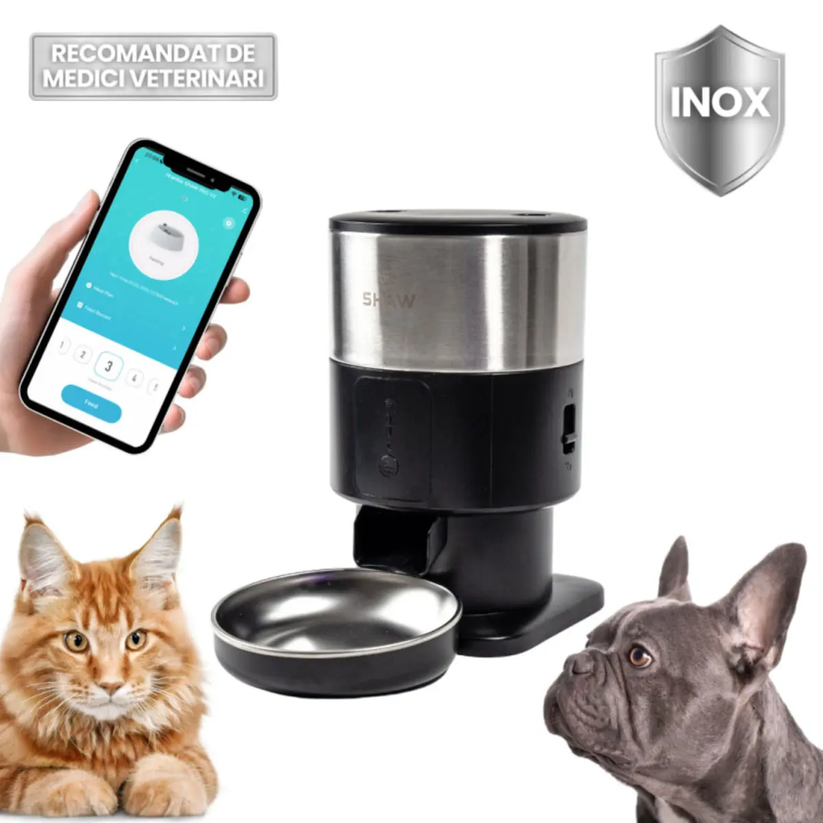 SHAW PRO V3 Mini, hranitor automat caini, 1 bol rotund, programabil, aplicatie mobila, PVC SHAW PRO V3 Mini, hranitor automat caini si pisici, 1 bol rotund, programabil, aplicatie mobila, PVC, negru, XS-S(2l)