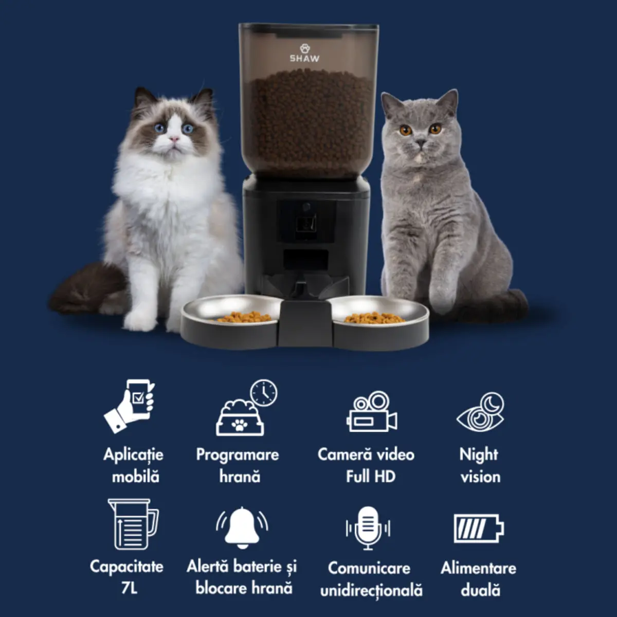 SHAW Smart, hranitor automat caini, 2 boluri rotunde, programabil, aplicatie mobila, PVC SHAW Smart, hranitor automat caini si pisici, 2 boluri rotunde, programabil, aplicatie mobila, PVC, negru, XS-S(7l) - Image 10