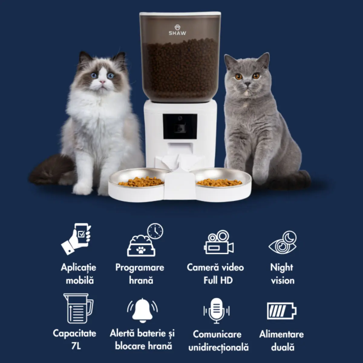SHAW Smart, hranitor automat caini, 2 boluri rotunde, programabil, aplicatie mobila, PVC SHAW Smart, hranitor automat caini si pisici, 2 boluri rotunde, programabil, aplicatie mobila, PVC, alb, XS-S(7l) - Image 8