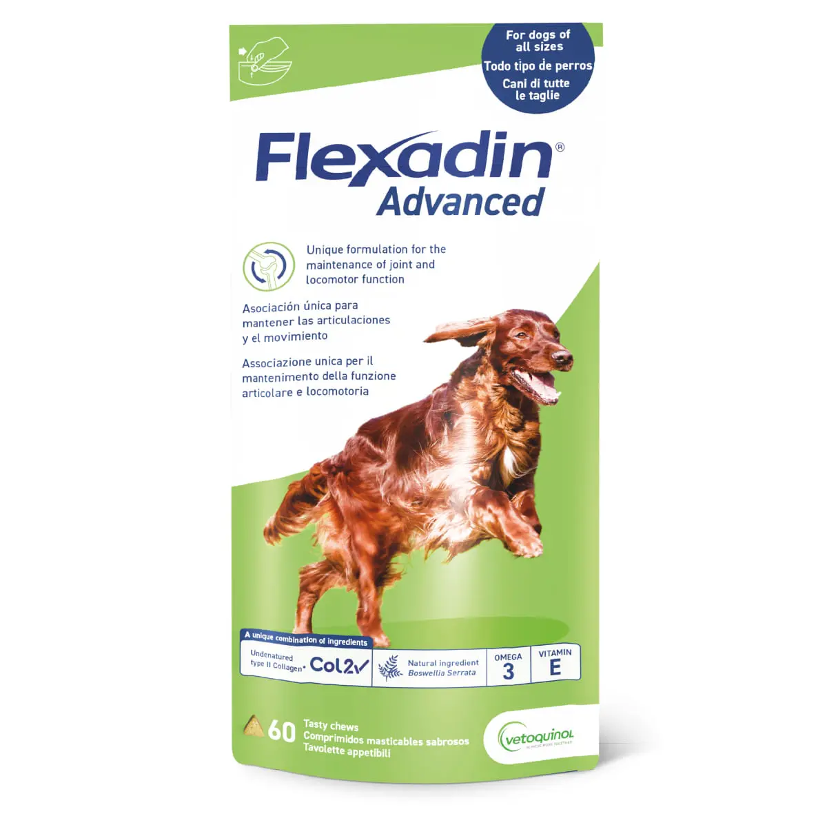 VETOQUINOL Flexadin Advanced , supliment sistem articular caini, comprimate masticabile VETOQUINOL Flexadin Advanced , S-XL, supliment sistem articular caini, punguta, 60 comprimate masticabile