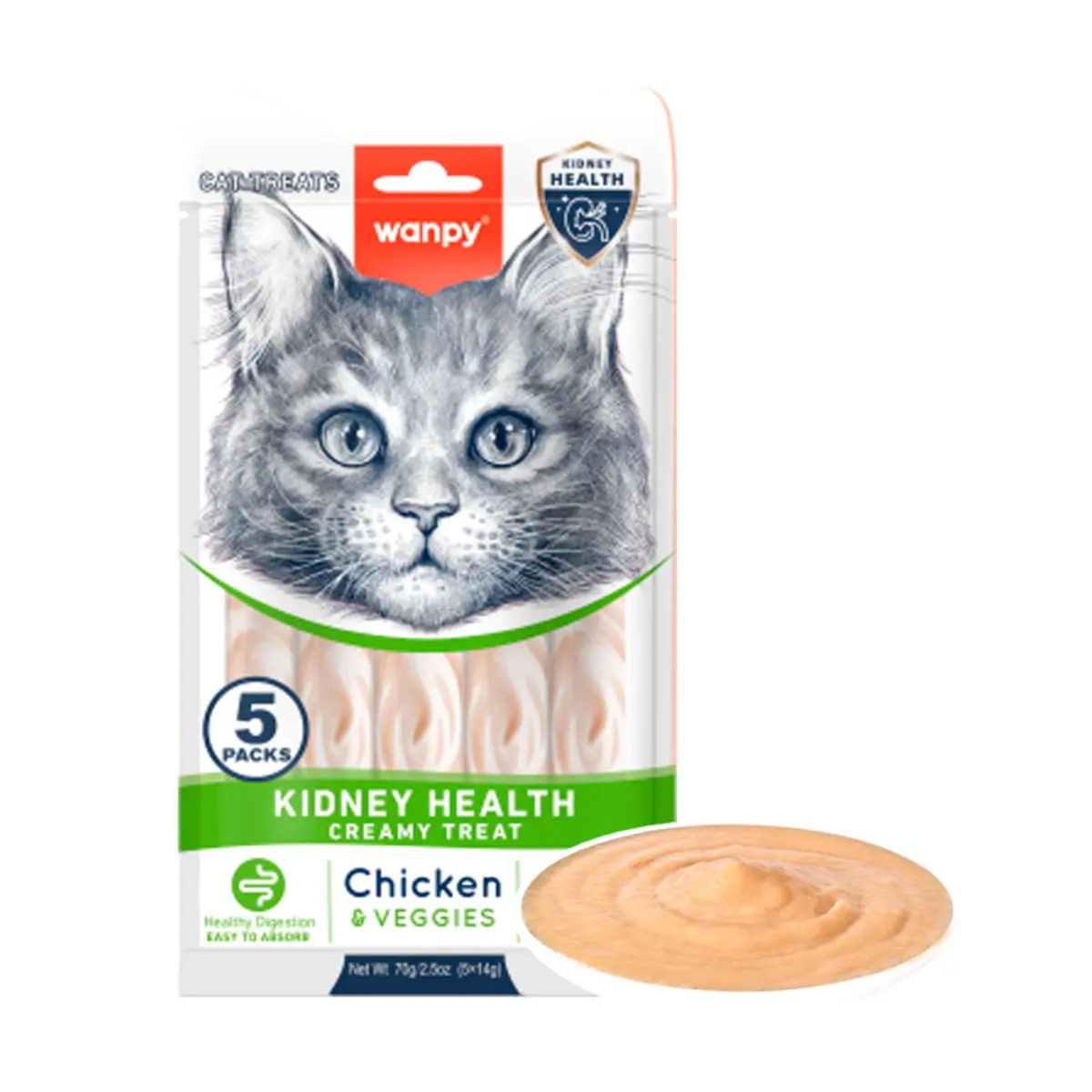 WANPY Kidney Health Creamy Treat, Pui si Legume, punguta recompense functionale pisici, sistem renal, (piure), 70g - Image 3
